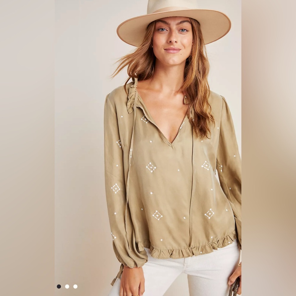 Anthropologie Women’s Sancia Yoelette Long Sleeve Taupe Peasant Blouse Small